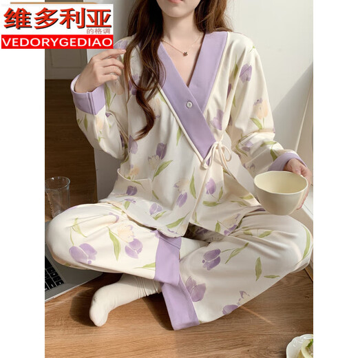 Victoria's Style 2025 nuevo traje de confinamiento de algodón chino Postparto Mujeres embarazadas Mujeres amamantadoras Pajamas Summer Traje del hogar delgado Mujeres 1105 Blue Swan M [80-100Jin [Jin iguala 0.5 kg]]]