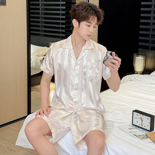 Herren-Pyjamas kurzärmelige Eisseide-Sommershorts für Teenager und männliche Studenten können Hauskleidung mit SX-679 Herren Champagner Muster XL [110-130jin [Jin gleich 0,5 kg]] tragen]