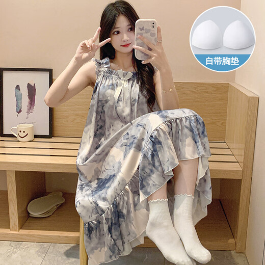 雅鹿吊带睡裙女冰丝绸夏季薄款带胸垫睡衣女士夏天水墨画感家居服 SSM-3888【自带胸垫】 M 【75-100斤】