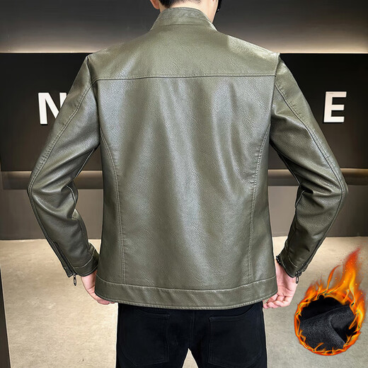 男士高档立领皮衣秋冬季新款时尚痞帅夹克加绒加厚休闲百搭皮夹克 军绿色 【加厚】 L