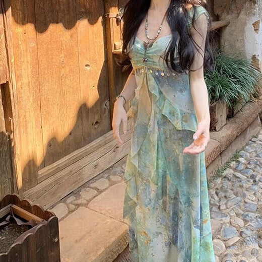 
Lugeli suspender temperament dress for women in summer 2025 new printed slim waist-hugging seaside atmosphere long skirt for women suspender dress [L]