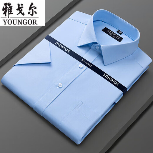 雅戈尔旗舰官方店短袖衬衫男中年高端休闲商务职业免烫有口袋白衬衣透气 DX6636【蓝白细纹】 42 【建议160*170斤】