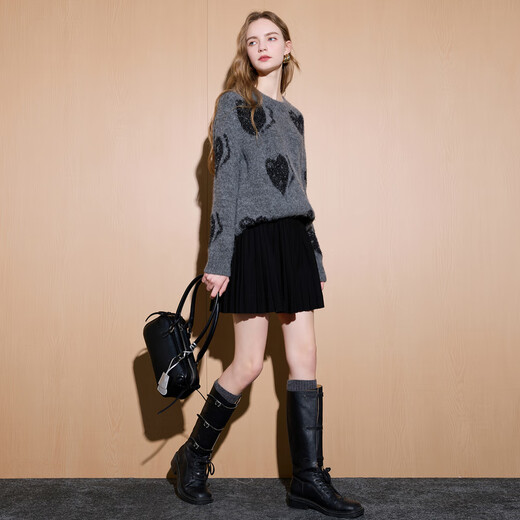 Sancai 2025 winter new pleated skirt knitted skirt high waist elastic skirt A-line skirt short skirt solid color M