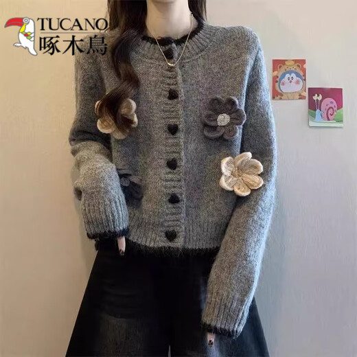 
Woodpecker (TUCANO) sweater cardigan jacket for women 2025 spring new miu love button flower long-sleeved short top spring suit white S [recommended 80Jin [Jin equals 0.5 kg]-95Jin [Jin equals 0.5 kg]]