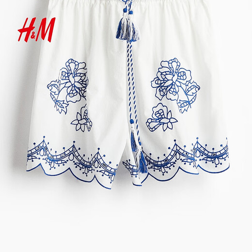 H/M Jumpsuos femeninos 2025 Autumn Nuevo viajero bordado bordado de la cintura redonda de temperamento que abraza el temperamento 1291739 Patrón blanco/azul XXS 150/76 XXS