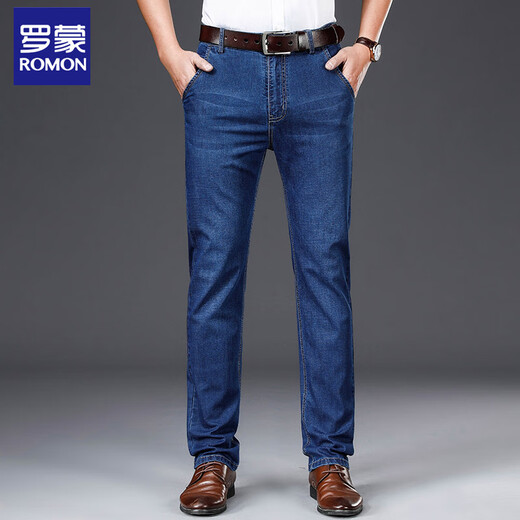 Romon Stretch Jeans Men's Summer Ice Silk Fin Milieu d'âge moyen Men d'âge droit plus coton Coton Contrôle long pantalon 3892 Zhonglan (jeans) 33 [Circle de taille 2 pieds 6]