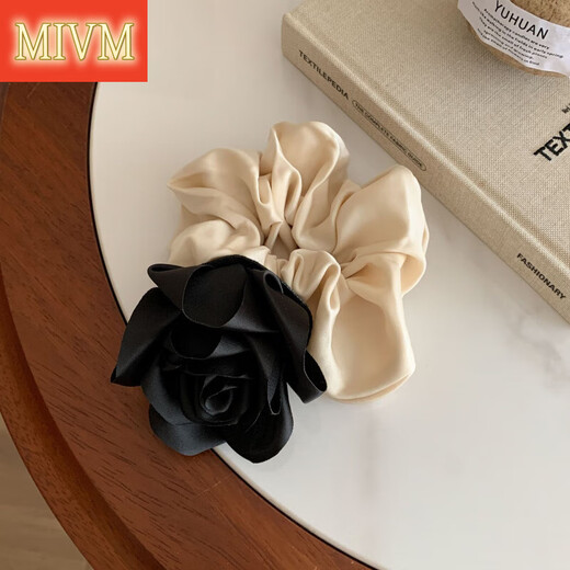
MIVM Korean new style champagne black fabric camellia hair ring fashion sense high ponytail satin flower hair rope gift 3886-1-Champagne rose satin hair ring