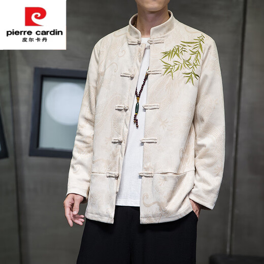 皮尔卡丹（pierre cardin）中国风男装唐装男盘扣中山装中老年复古新中式鹿皮绒刺绣夹克外套 Y756粉色 M 100-120斤