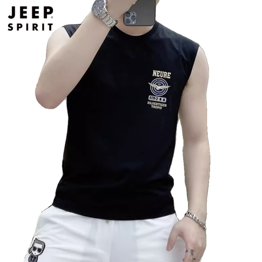 Jeep Spirit Vest Herren trendy fliegender Adler gedrucktem Weste Sommer Reine Baumwolle Trendy Marke Slim Vest American Sport Ärmel und T-Shirt Black L 105-120jin [Jin entspricht 0,5 kg]
