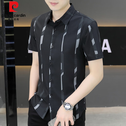 皮尔卡丹（pierre cardin）新款2025夏季男士短袖衬衫潮流痞帅气感冰丝衬衫薄款凉爽衬衣 7027黑色 M 90-110斤