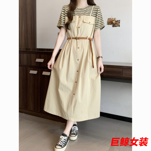 tromlfz胖MM特大码300斤假两件条纹T恤连衣裙女夏季显瘦遮肚法式吊带长裙 C1049-豆绿色/款连衣裙 M