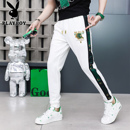 花花公子（PLAYBOY）刺绣休闲裤男夏季薄款潮牌修身冰丝束脚运动长裤男百搭速干小脚卫 9928白色 29