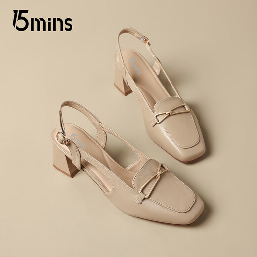 
15MINS sandals women's new summer elegant high heels one-button bag-toe single shoes D1302AQ5 apricot color 37