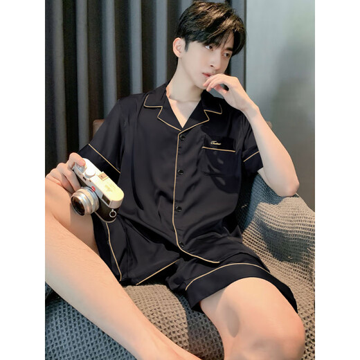 In pure pajamas, men's summer thin ice silk short-sleeved teenagers can wear men's 2025 new home clothing set 12532 [Yunduo Cotton Crepe] L _(Suggested height 170, weight 100-