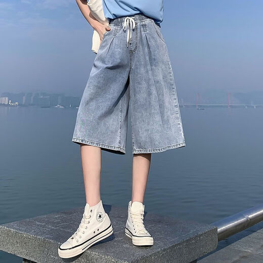 
SuoWANYI (SUOWANYI) denim mid-trousers seven-point over knee five-point loose tight high waist plus size women's fat mm [1585: light blue 5-point over knee (middle) pants] M