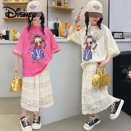 Disney (Disney) Girls Summer Suit Set 2025 New Fashionable Children's Summer Sleeveless Vest Girl Polka Dot Wide Leg Pants Two-piece Set 6627 Apricot Top + Skirt 120 cm