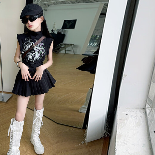 Mokitoul Girls Summer Anzugrock 2025 NEUER Kinder im Sommer Internet-Promi-Street Rock Mid-Large Children coole und hübsche Outfit White T-Shirt + Schwarzer Faltenrock [Set] (High-End-Geschenkboxverpackung) 70 cm5 1