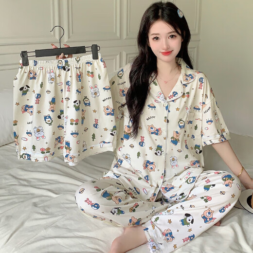 Korean version of ugly fish Hanton pajamas for women in summer thin home clothes, short sleeves, short trousers, cartoon cute three-piece suit KK14107 [no eye mask] L [recommended 100-120 Jin [Jin equals 0.5 kg]]