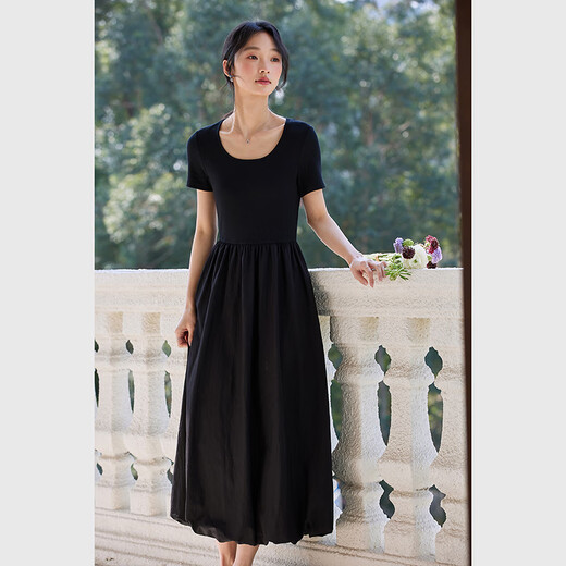 Vanciman Slim U-Leck Robe à manches courtes en été Nouveau French Slim Hepburn Style Long Black XL