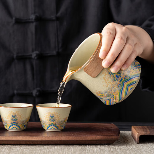 Travel tea set, one pot and three cups, Ru Kiln quick cup, convenient blue and white ceramic tea water separation for outdoor camping, Ru Kiln Huang Wanwen - Tianxiang wooden handle cup + 3 cups + black bag