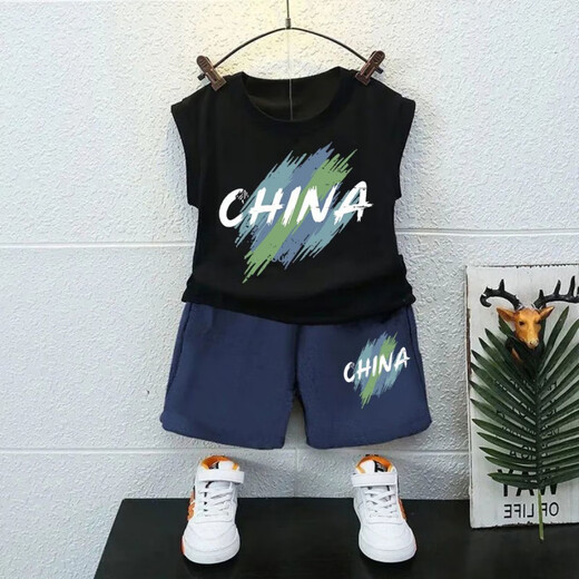 G.DUCKKIDS童装男童套装夏装纯棉无袖儿童背心夏季薄款炸街中大童短裤两件套 热售白色背心T1049+黑短裤T1049 90 cm 建议身高90CM以下