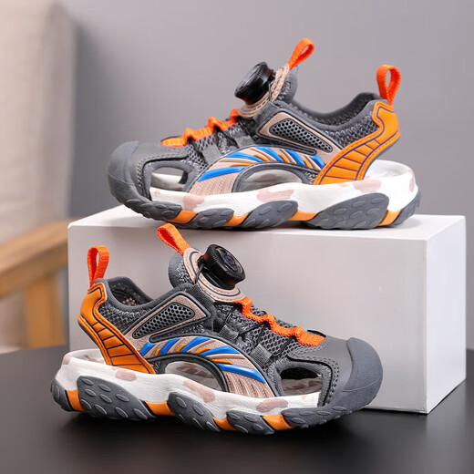 Jungen Baotou Sandalen 2025 Sommer mittelgroße Kinder Sportknöpfe Strandschuhe weiche Sohle Anti-Rutsch-Kinderschuhe 6623 Schwarze Farbe 35