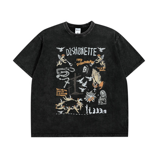 Yunzhaolu XFM national trend brand vintage retro print heavy wash-out short-sleeved T-shirt ins small neckline half-sleeved tee X6630 M