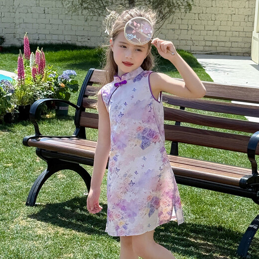 Tutu Xiaoxiang Girls' National Style Cheongsam Skirt Children's Pure Cotton Skirt New Chinese Style Dress Purple 130 Height About 130cm
