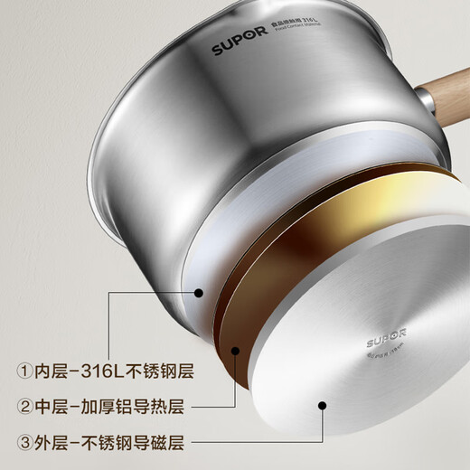 SUPOR milk pot 316L stainless steel baby food supplement stew three-layer thickened double bottom small milk pot induction cooker gas universal 316L stainless steel milk pot + steamer 20cm
