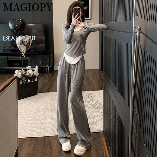MAGIOPY国际奢侈高档品牌松弛感休闲运动套装女秋季款修身灰色假两件长袖 灰色 S(100斤以内)
