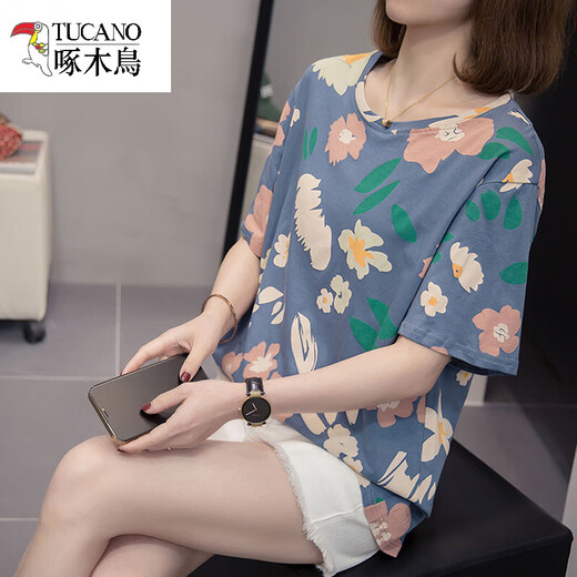 Woodpecker slightly fat 2025 summer new large-size cotton short-sleeved T-shirt for women Korean style slim and versatile casual fat mm covering the belly 9901 gray M about 80-95