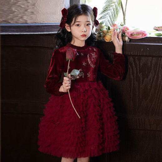 Girls Princess Dress Spring and Autumn 2025 New Spring Dress Girls Style Puffy Skirt Fashionable Children's Dress Spring 325 Burgundy Single Liner Free Pearl Headband 120 Recommended 33-40Jin Jin is equal to 0.5 kg