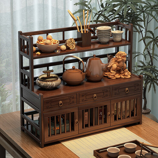 Desktop Bogu rack small tea set storage rack Chinese table tea table tea cup rack teapot display cabinet 60 long three-layer trapezoid with drawer