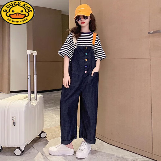 G.DUCKKIDS儿童裤子女韩版洋气女童牛仔背带裤春夏季中大童女孩休闲时尚长裤 N9005-单件背带裤 160 (建议150-160cm穿着)
