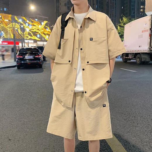 麦潮尚新中式国风休闲套装男夏季薄款短袖衬衫国潮衬衣短裤一套搭配 693单上衣黑 M