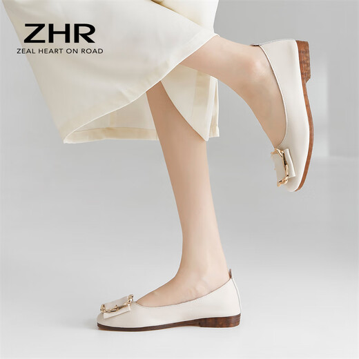 ZHR single shoes women's soft flat bottom light mouth bean women's shoes fairy style light lazy shoes one-step AH95F beige 38