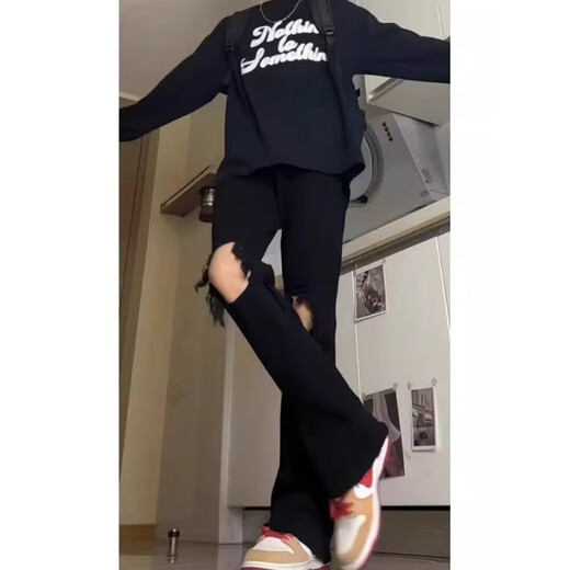 迪伽达美式复古vibe裤子高街潮牌纯色破洞牛仔裤男款夏季百搭修身微喇裤 DFFS-723黑色 XL