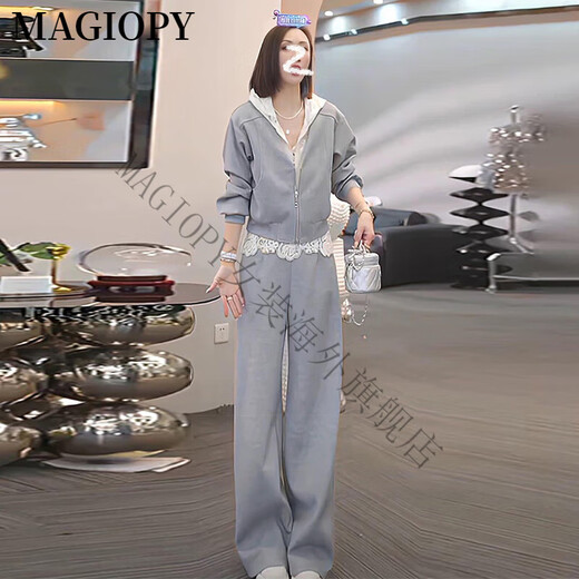 Magiopy International Luxury High-End-Marke Mode altersreduzierende Freizeitanzug für Frauen Frühling Spitze Spitze gefälschte zweiteilige Jacke Graues zweiteiliger Set XL (121-130jin [Jin ist gleich 0,5 kg]))