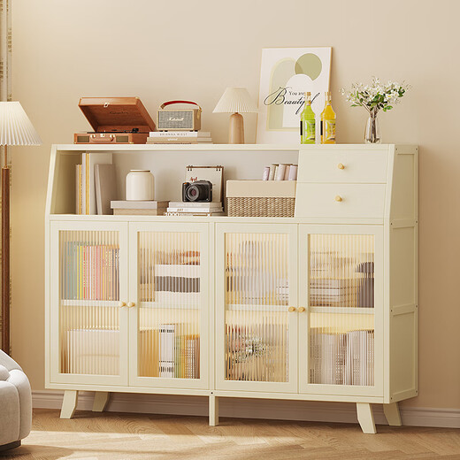 竹艺佳（ZHUYIJIA）餐边柜家用客厅储物柜厨房碗柜茶水柜靠墙酒柜置物多功能储物柜 三门带抽 奶白色