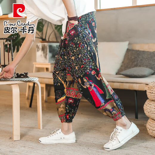 皮尔卡丹（pierre cardin）棉麻国潮时尚百搭2025新款阔腿裤男萝卜裤宽松休闲民族风束脚裤子 咖啡色 M
