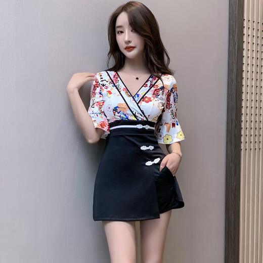 
A 21 FUNB new age-reducing foot massage shop female technician work clothes fashionable printed dress to make you look slim and elegant foot massage set 1391 black S