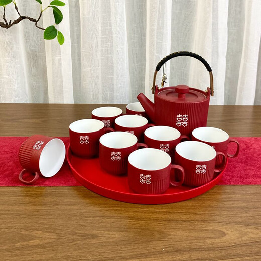 Fantasy wedding tea set set red large teapot wedding cup newlywed tea cup engagement gift dowry gift frosted Pisces 1 pot 8 cups amine disc + suitcase