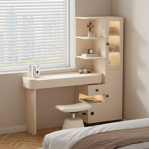Tinymiya bookcase and dresser integrated small apartment modern minimalist bedside storage cabinet safe retractable flip top makeup table 40cm high cabinet left opening + lift stool hollow in the middle - reserved socket