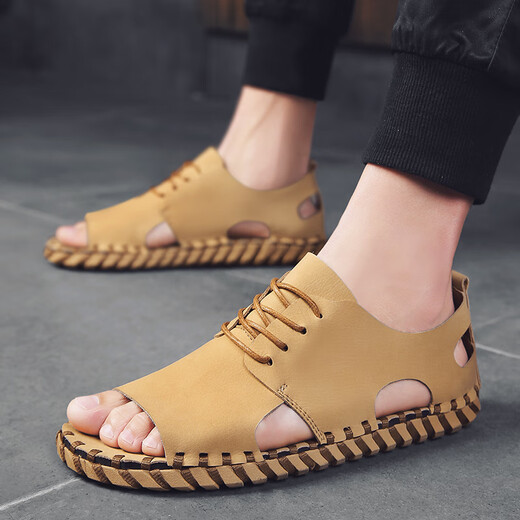 Steffie Love Sandalias de cuero romano Tendencia de los hombres 2025 Summer Internet Estilo de celebridades Fashion Soft casual Driving Teenager Men's Beach Zapatos 9926 Negro 38