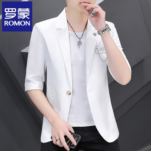 罗蒙（ROMON）小西装男修身英伦风西服男士七分袖外套夏季薄款中袖潮流韩版上衣 869黑色 3XL