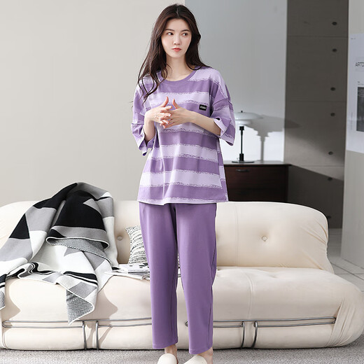 
Cat man 100% pure cotton pajamas for women in summer short-sleeved trousers casual loose women's home clothes large size can be worn out for outfits 671 purple L [recommended 100-120 Jin [Jin equals 0.5 kg]]