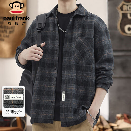 Paul Frank long-sleeved shirt men's spring and autumn plaid shirt men's casual workwear jacket men's top gray XL