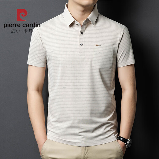 皮尔卡丹（pierre cardin）2025冰丝短袖男T恤中年爸爸装夏季薄款休闲透气无痕条纹polo衫男 红色15286 XL 52建议体重145-160斤