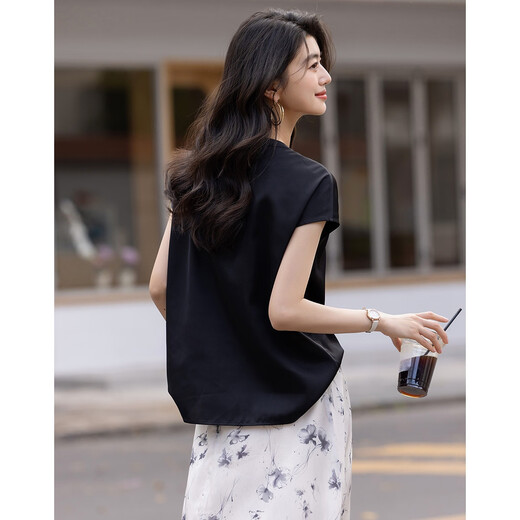 
Demana [Silkly 50D Encrypted Stretch Satin] Summer French Petal Pearl V-neck Shoulder Cover Sleeve Women's Shirt