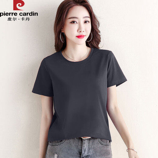 皮尔卡丹（pierre cardin）纯棉短袖t恤女士宽松百搭纯色圆领黑色打底体恤衫夏季上衣服 6172黑色 短袖 M (建议80-105斤)